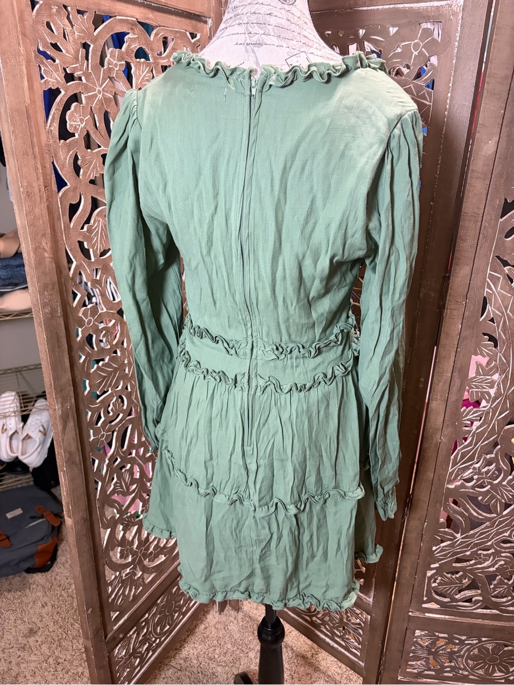 mi Ami Sage Green Ruffle Tiered Long Sleeve Mini Dress - Picture 3 of 4